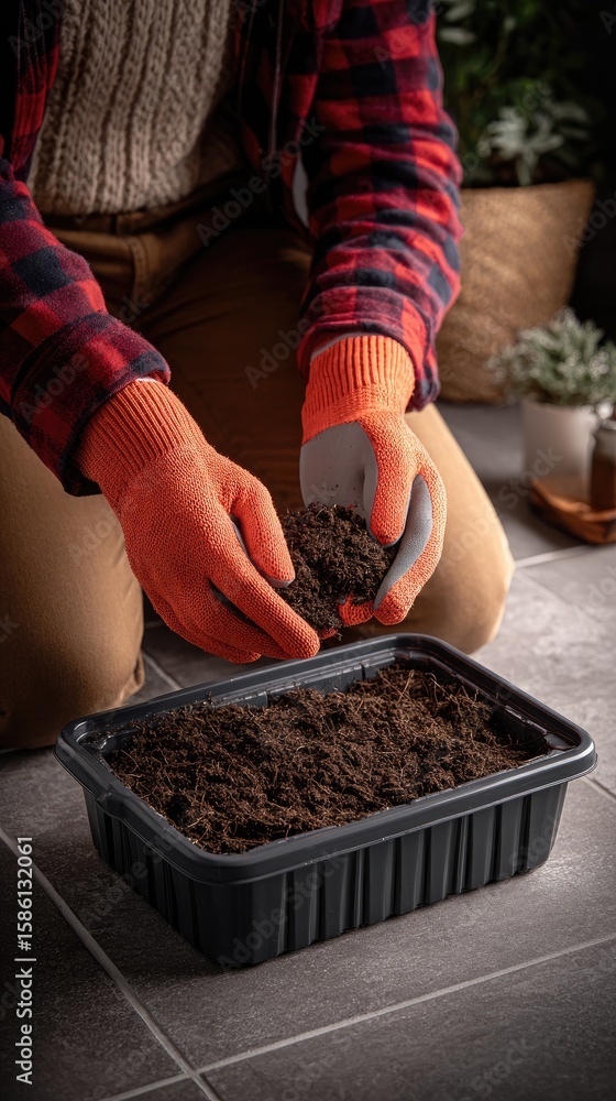 Poster hands in orange gloves pour soil into a container on a table. dark and light potting mix is being mi