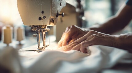 Skilled tailor sewing fabric on industrial sewing machine in workshop scene.