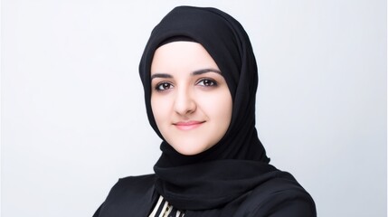 A poised Middle Eastern businesswoman in an elegant hijab smiles against a clean white backdrop.
