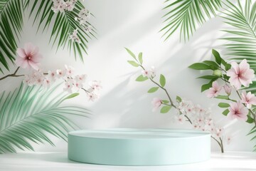 Minimalist product display stage with cherry blossoms and palm leaves