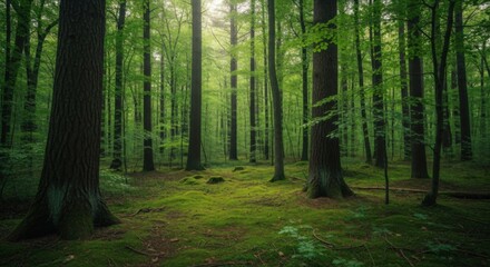 Obraz premium Lush Forest Canopy: Sunlight filters through a vibrant green forest canopy, illuminating the rich textures of bark and moss, creating a serene and immersive natural environment.