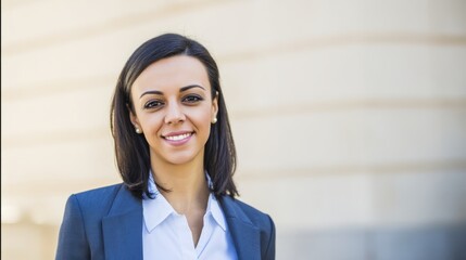 A poised Middle Eastern businesswoman in an elegant hijab smiles against a clean white backdrop.
