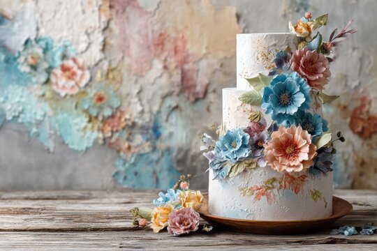 Elegant three-tiered birthday cake adorned with floral decorations on rustic table