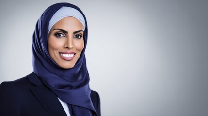 A poised Middle Eastern businesswoman in an elegant hijab smiles against a clean white backdrop.
