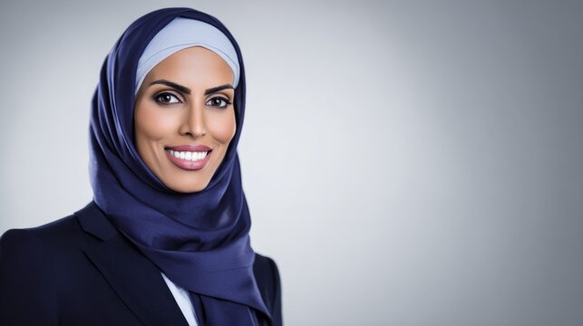 A poised Middle Eastern businesswoman in an elegant hijab smiles against a clean white backdrop.
