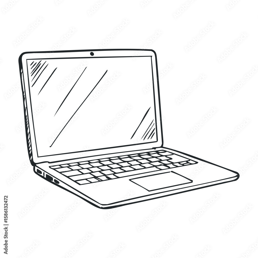Aufkleber outline of a laptop computer with open screen and keyboard drawn in black and white. hand drawn vect