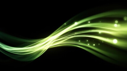 Dynamic flowing green light trails with glowing particles and abstract wave design.
