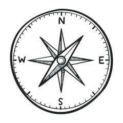 Monochrome nautical compass with cardinal directions and compass rose. Hand drawn vector illustration