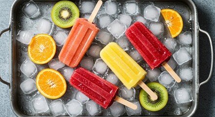 Refreshing fruit popsicles on ice cubes tantalizing summer concept, healthy dessert, fruity delight