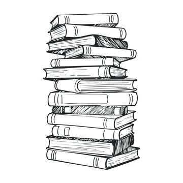 Stack of vintage books in black and white line art illustration. Hand drawn vector illustration
