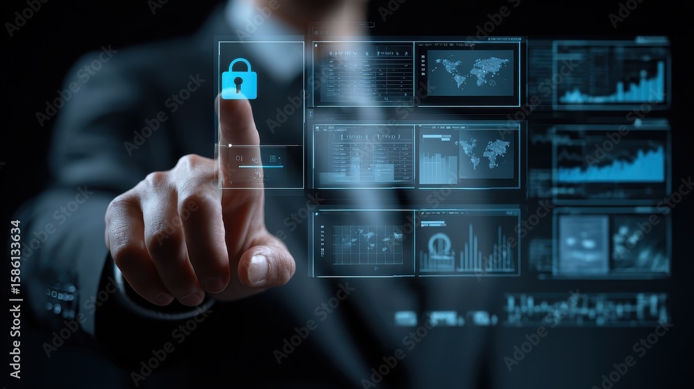 Poster business person analyzing a cybersecurity dashboard with a prominent lock icon - data security - it 