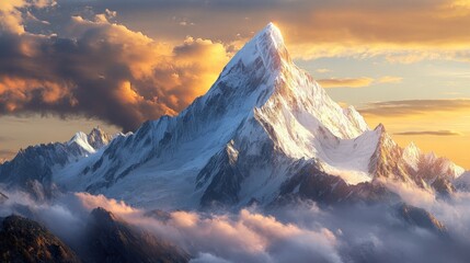 Majestic snow-capped mountain peak at sunrise.