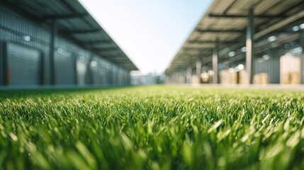 Naklejka premium Blurred view of industrial warehouse yard with synthetic grass