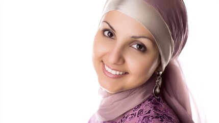 A poised Middle Eastern businesswoman in an elegant hijab smiles against a clean white backdrop.
