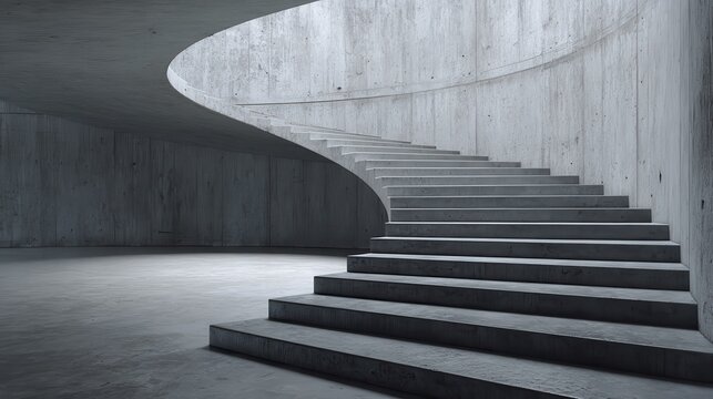 Curved concrete stairs in a modern minimalist interior for ascending and descending in an elegant architectural setting