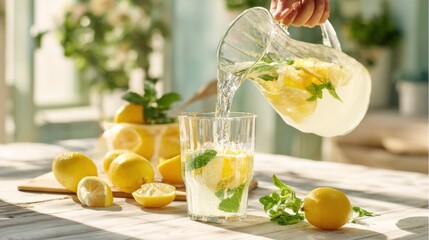 Fototapeta premium Refreshing Lemonade in Glass Pitcher with Lemons Mint and Ice on Bright Kitchen Table.