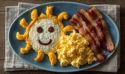 Sun shaped fried egg with bacon and scrambled eggs on a blue plate close up