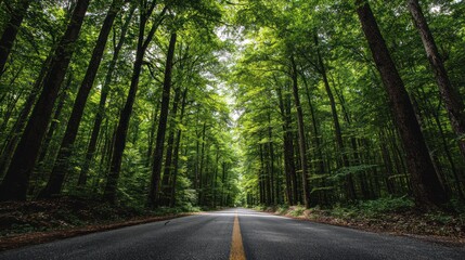 Obraz premium Asphalt road through a dense, leafy forest canopy, upward looking perspective