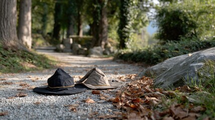 A black witch hat lies on the ground among colorful fallen leaves in a forest, evoking a magical and mysterious feeling for autumn