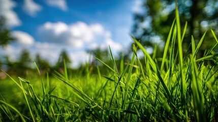 Fototapeta premium Close-up view of vibrant green grass with blue sky and clouds in background.