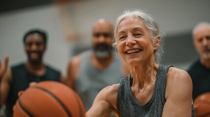 Elderly caucasian female playing basketball with diverse team