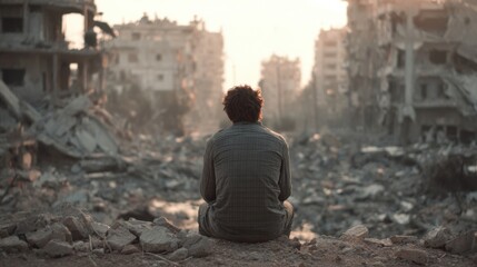 Man Sitting Alone Amidst Ruined Buildings and Debris in a Post-Apocalyptic Scene.