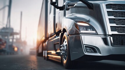 Modern sleek gray semi truck parked on city street during sunset with reflections.