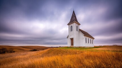 Fototapeta premium Small white wooden church with steep roof and steeple located in open grassy landscape under cloudy sky.