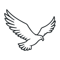 Fototapeta premium Minimalist black and white line drawing of a flying eagle. Outline vector illustration