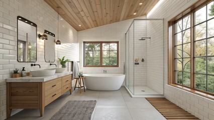 Modern Minimalist Bathroom with Tub, Glass Shower & Natural Light V2