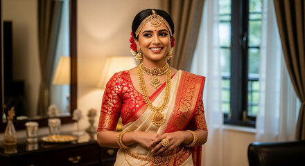 A beautiful indian bride smiles wearing a traditional saree and jewelry