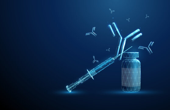 Syringe on a bottle and flying antibodies around. Concept of vaccination, antibody-based therapy, passive immunity, viral defense, biotechnology medicine. Low poly digital style.