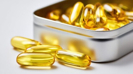Close-up of shiny golden supplement capsules spilling from a metallic container on a white background.