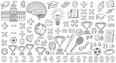 Comprehensive Hand-Drawn Education and Sports Icons Set Featuring Mathematical Symbols and Trophies