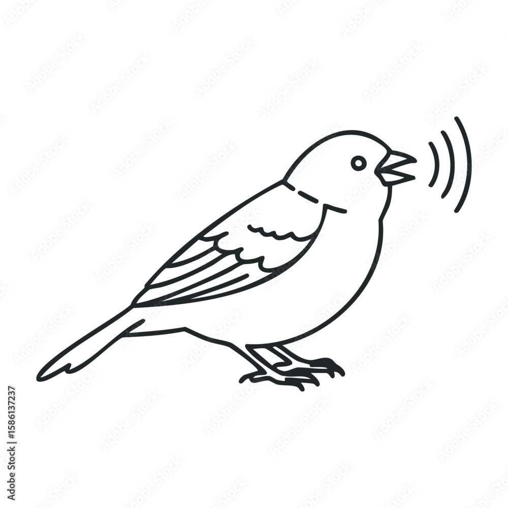 Poster simple black outline of singing bird with musical notes in minimalistic style. outline vector illust