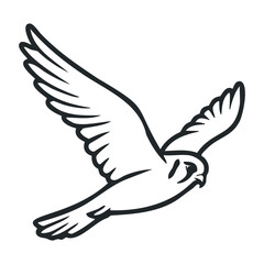 Black and white line drawing of a flying bird with outstretched wings. Outline vector illustration