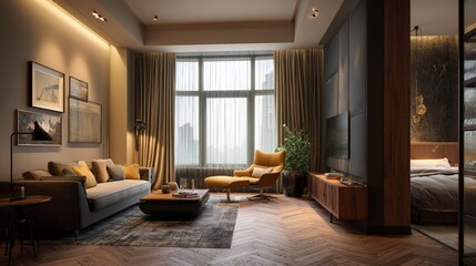 Obraz premium The luxurious hotel room showcased a modern interior design, with a spacious layout and comfortable furniture, offering guests a cozy home-like experience. The large window allowed natural light to