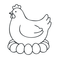Naklejka premium Hen outline nesting on eggs in black and white line art style. Outline vector illustration