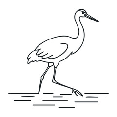 Fototapeta premium Outline drawing of a heron standing on a rock in water. Outline vector illustration