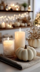 Countertop features pumpkins and candles, complemented by warm tones and fall decor on shelves above, enhancing a cozy autumn atmosphere