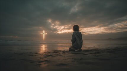 Serene young woman kneeling on beach at sunset contemplating faith and spirituality.