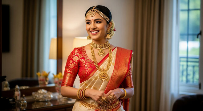 Happy indian bride in traditional sari and gold jewelry smiling indoors