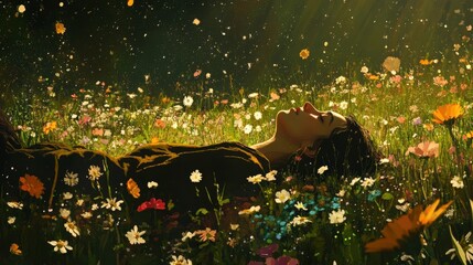 A person rests in a field of wildflowers.