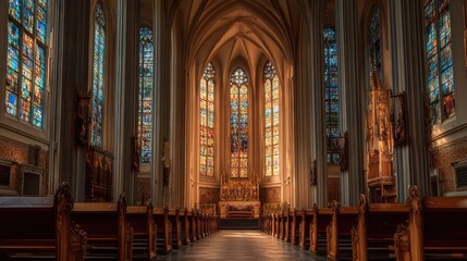 Obraz premium Elegant Gothic Cathedral Interior with Tall Stained Glass Windows and Wooden Pew Seating.