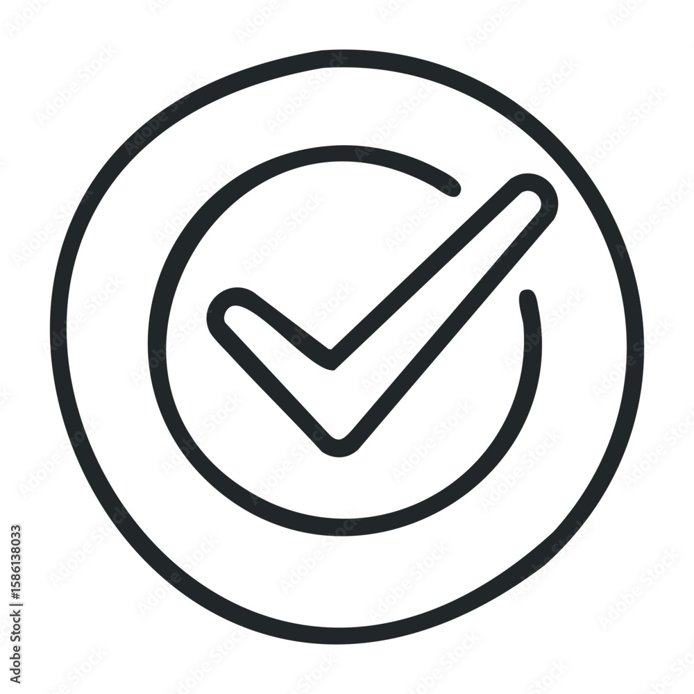 Poster simple black and white check mark icon in circular frame for approval and confirmation. outline vect