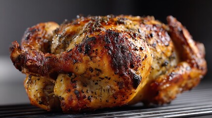 A perfectly cooked rotisserie chicken, seasoned and grilled to golden perfection, ideal for culinary presentations and recipes.