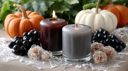 Dark red candles glow on a gothic table adorned with pumpkins, spider webs, and vampire-themed decorations for Halloween festivities