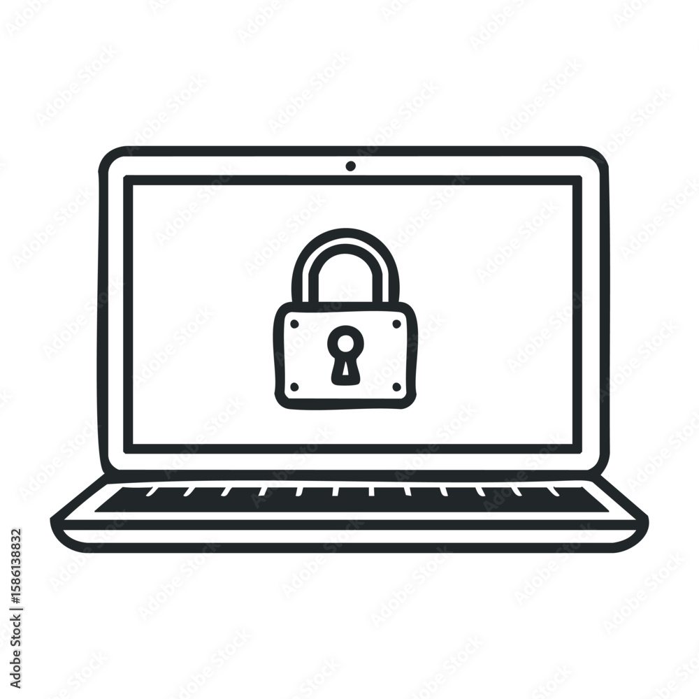 Poster minimalist laptop with padlock icon representing cybersecurity and data protection. outline vector i
