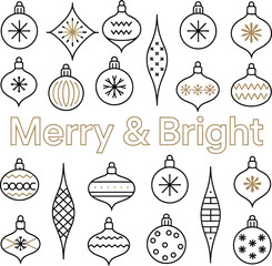 Merry & Bright Text with Ornament Line Art Isolated on White Background Holiday Decoration