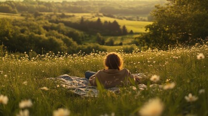Person resting in a field of wildflowers at sunset.